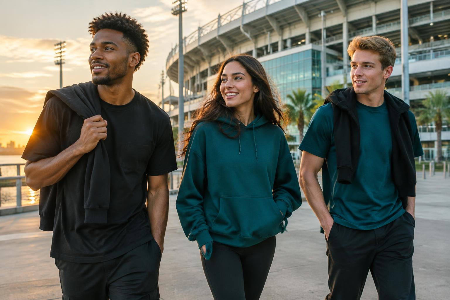 Friends in black and teal game-day apparel outside a stadium
